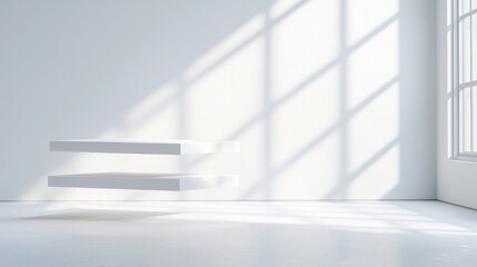Poster - Three White Geometric Shapes Floating in a Bright Room
