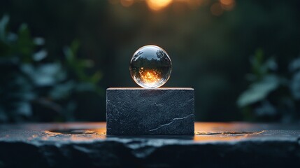 Poster - Transparent Glass Sphere on Dark Square Base