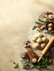 Aufkleber - Baking Preparation With Dough, Rolling Pin, and Fresh Ingredients on a Light Background for a Cozy Kitchen Activity
