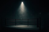 Dramatic wide shot of an empty professional boxing ring illuminated by a single bright spotlight from above in a dark and hazy arena creating a sense of anticipation for a fight night