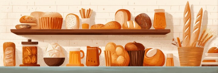 Aufkleber - Delicious Bakery Shelf Featuring an Assortment of Breads and Pastries With a Clean Right Margin