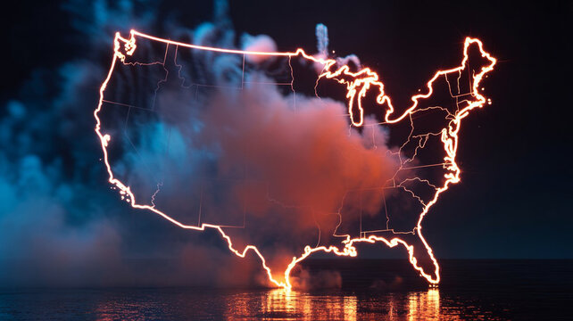 Fiery outline of the united states at night