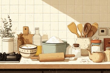 Aufkleber - Charming Kitchen Illustration Featuring Flour and Rolling Pin With Soft Light Filtering Through the Upper Third