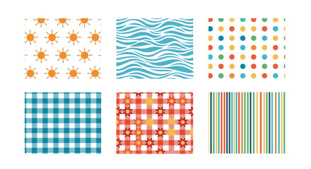 Poster - Collection of six different colorful patterns including suns waves dots and checkered and striped designs