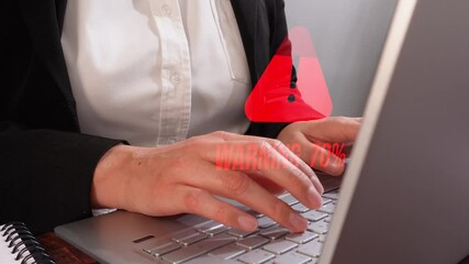 Poster - Woman working on computer with warning icon filling with animated percentage counter