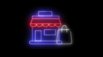 Aufkleber - A glowing neon red shop icon with a shopping bag, on a black background.