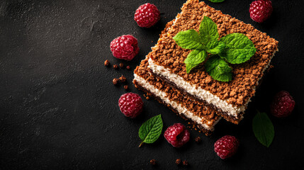 Poster - Delicious dessert featuring layered chocolate cake with creamy filling, garnished with fresh mint leaves and surrounded by ripe raspberries on dark textured background