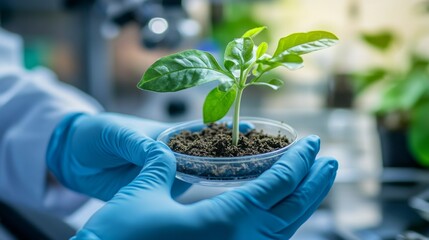 Poster - scientist holding plant seedling in laboratory vertical image scientific research environment close-