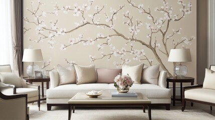 Poster - Enhancing elegance living room design interior space home decor cozy atmosphere chinese cherry blossom concept