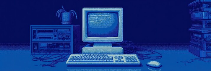 Aufkleber - Vintage Monitor Displaying Blue Screen of Death With Computer Setup and Plant in Retro Environment