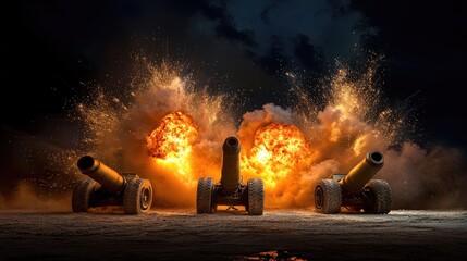 Poster - Explosive orange blaze lights up four artillery cannons against a dark background