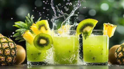 Aufkleber - Dynamic splash as vibrant kiwi and pineapple slices dive into a chilled glass of juice