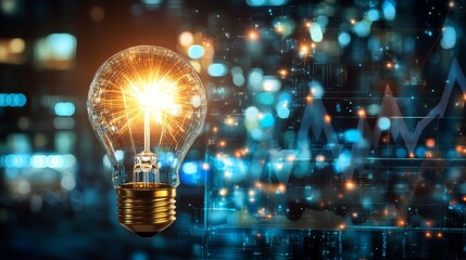 Poster - Illuminating conceptual visualization of a brightly lit light bulb in a dynamic cityscape digital art futuristic environment aerial perspective