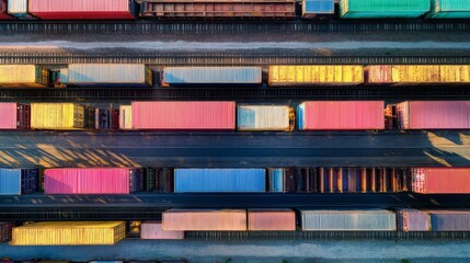 Poster - Loading containers onto train cars freight yard aerial view industrial environment symbolizing global trade