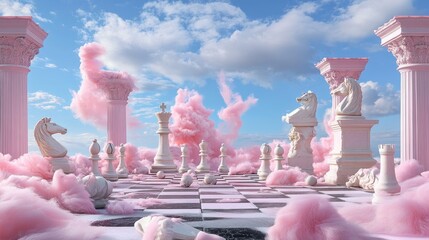 Aufkleber - Artistic fusion of classical sculpture and chess game setup in surreal pink setting