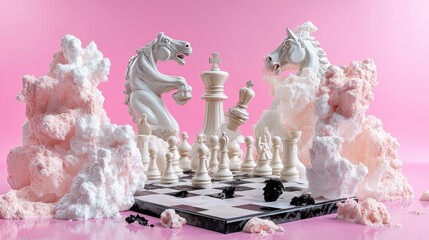 Aufkleber - Artistic fusion of classical sculpture and chess game setup in surreal pink setting