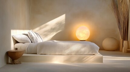 Poster - Ambient mood lighting with sphere lamp casting soft hues in tranquil bedroom
