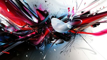 Poster - Abstract Red and White Dynamic Digital Art: A Symphony of Shapes and Colors