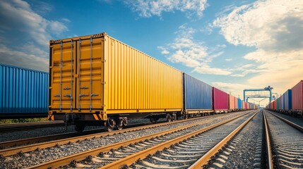 Poster - Freight containers loaded onto railway wagons industrial rail yard transportation scene under clear skies aerial view freight logistics