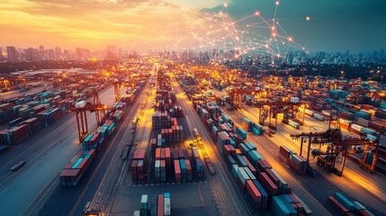 Poster - Urban port city logistics aerial infographic of container shipping and supply chain management