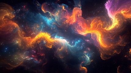 Poster - Merging glowing data streams into abstract shapes in a cosmic environment for digital art and visualization