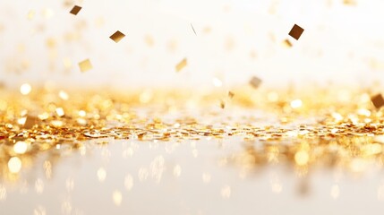 Poster - Celebration event with gold confetti scattered across a smooth reflective surface indoor setting high-quality image festive atmosphere