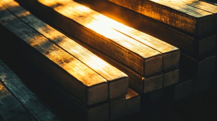 Poster - Golden light casting shadows over a stack of bars in an industrial warehouse environment close-up view conceptual photography