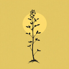 Poster - Silhouette tree illustration with leaves and roots against a yellow sun background design art vector
