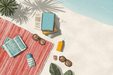 Poster - Beach Setup With Towel, Books, and Sunscreen on Sand With Plants in the Background During Sunny Day