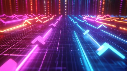 Poster - Neon arrows racing across a futuristic grid dynamic visual display in an abstract environment eye-level perspective
