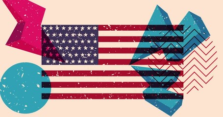 Poster - Risograph American Flag with geometric shapes animation. Moving object in trendy riso graph design video.