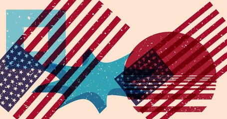 Poster - Risograph American Flag with geometric shapes animation. Moving object in trendy riso graph design video.