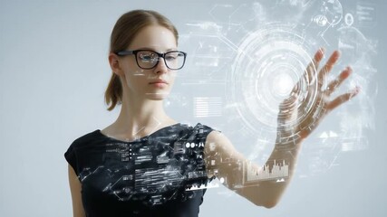 Poster - Visionary Interface: A determined woman with glasses interacts with a futuristic interface, symbolizing technological advancement and innovation.