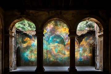 Poster - Ethereal Light Projections in an Antique Courtyard with Arched Columns