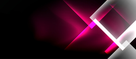 Poster - Abstract design features bright pink, white lines against black background. Geometric shapes create dynamic visual effect. Modern, minimalist style.
