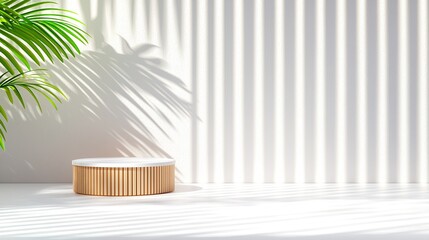 Poster - White Round Wooden Pedestal With Palm Shadow