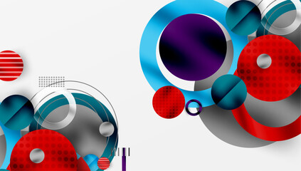 Aufkleber - Abstract design features vibrant circles, curves, lines. Red, blue, purple hues dominate white background. Modern, dynamic composition.