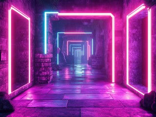 Poster - Neon light portals within a subterranean corridor, creating a futuristic ambience