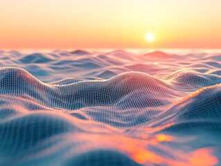 Poster - Abstract digital ocean with polygonal mesh, sunset over the horizon