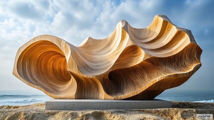 Poster - Abstract wood sculpture on coastal bluff offering a unique visual perspective