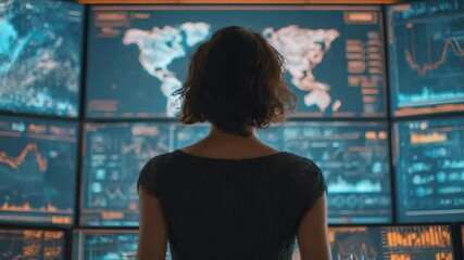 Poster - Global Data Analyst: A woman stands before a wall of monitors displaying complex global data, symbolizing the challenges and rewards of big data analysis.