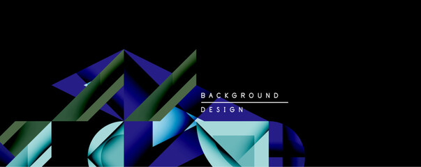 Poster - Abstract geometric shapes dominate dark background. Blue, green hues create dynamic composition. Modern design elements suggest depth, movement, visual interest. Minimalist aesthetic.