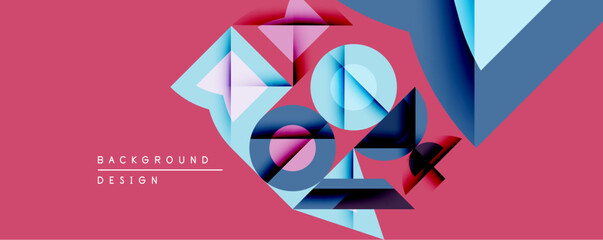Poster - Abstract geometric composition. Overlapping shapes create dynamic visual effect. Pink background emphasizes blue, purple elements. Modern design, clean lines.