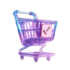 Poster - Striking 3D rendering of a transparent crystal like shopping cart on a clean minimalist background with soft colorful lighting effects