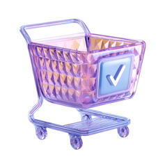 Aufkleber - A minimalist 3D rendered shopping cart or basket in a vibrant purple and pink crystal like material with a checkmark icon set against a plain white background