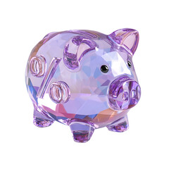 Poster - A vibrant glass like piggy bank with a tax percentage icon reflecting a soft pink and purple hue against a plain background