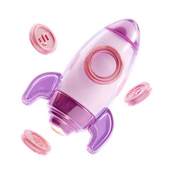 Fototapete - A vibrant minimalist 3D featuring a stylized rocket spacecraft and coin icons against a soft reflective crystal inspired background with a white transparent backdrop