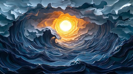 Poster - Abstract ocean wave illustration with ethereal light source and moody skies