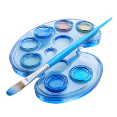 Poster - A stylized transparent blue art palette with various paint wells and a paintbrush designed for creative learning and expression
