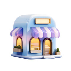 Poster - Minimalist 3D render of a pastel colored storefront building representing a retail shop or online business investment